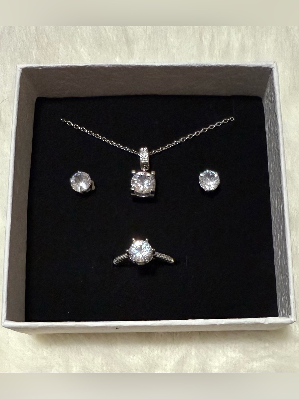 Stainless Steel Cubic Zirconia Necklace, Ring & Stud Earring Set - Silver-tone